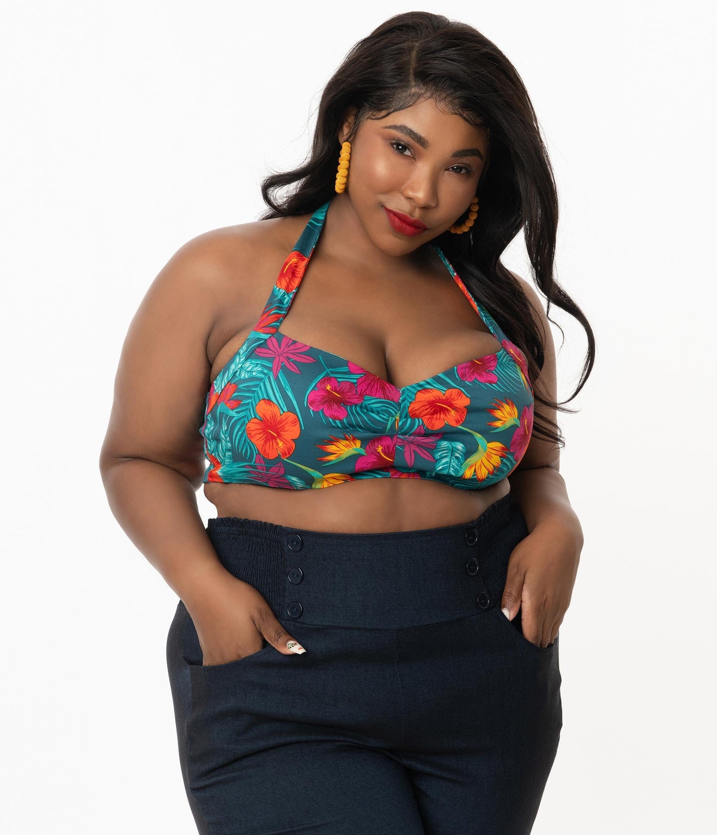 Collectif Plus Size 1960s Teal & Tropico Floral Print Halter Adriana Crop Top