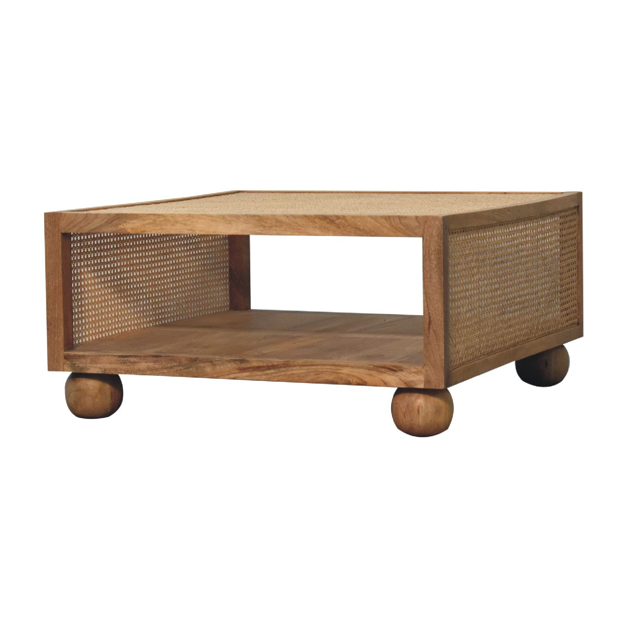 Decipher Wood and Rattan Large Coffee Table with Ball-Shaped Legs