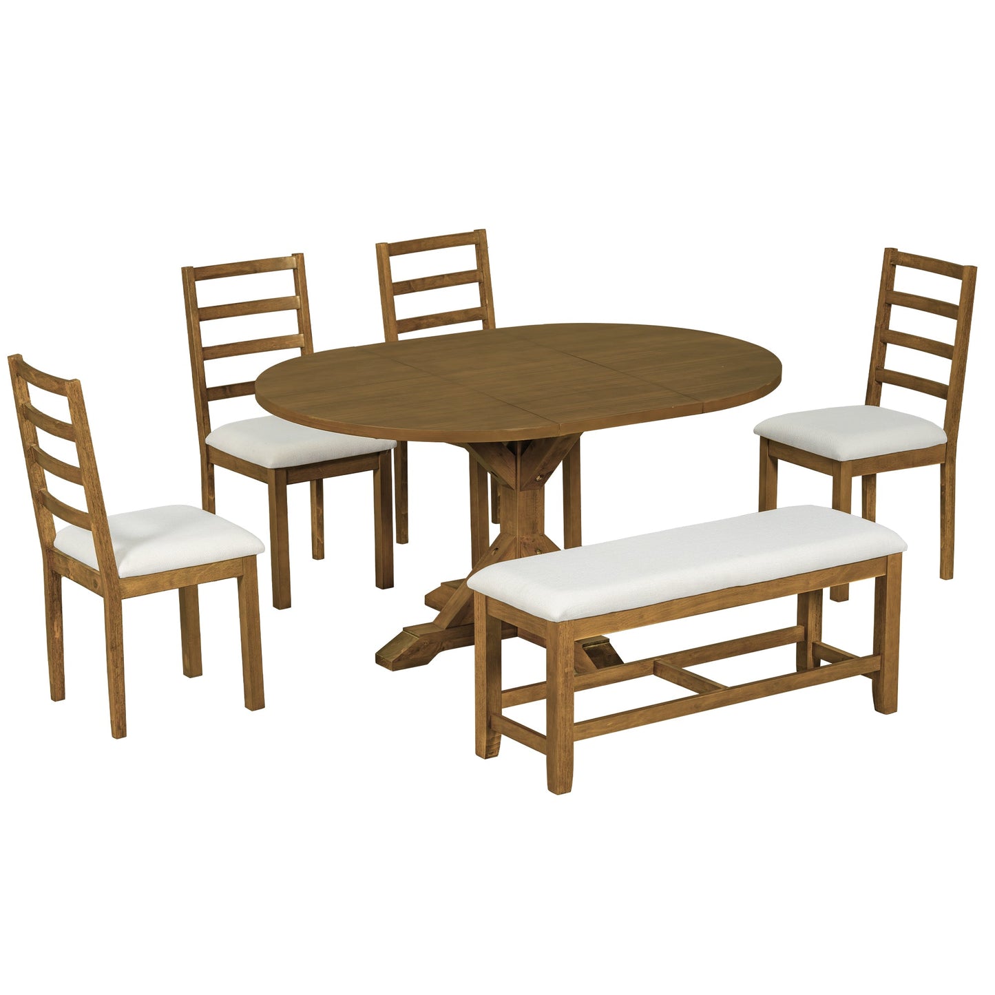 Kivor 6-Piece Dining Set with Extendable Table, Bench and 4 Ladder-Back Chairs