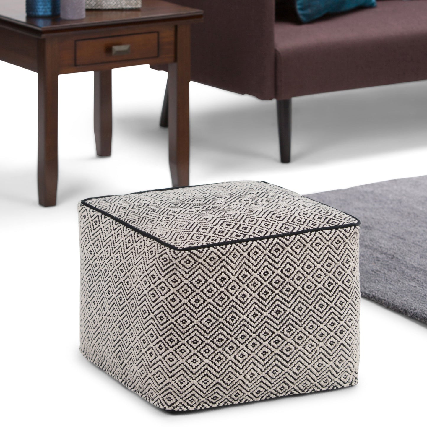 Handwoven Cotton Pouf with Black Piping