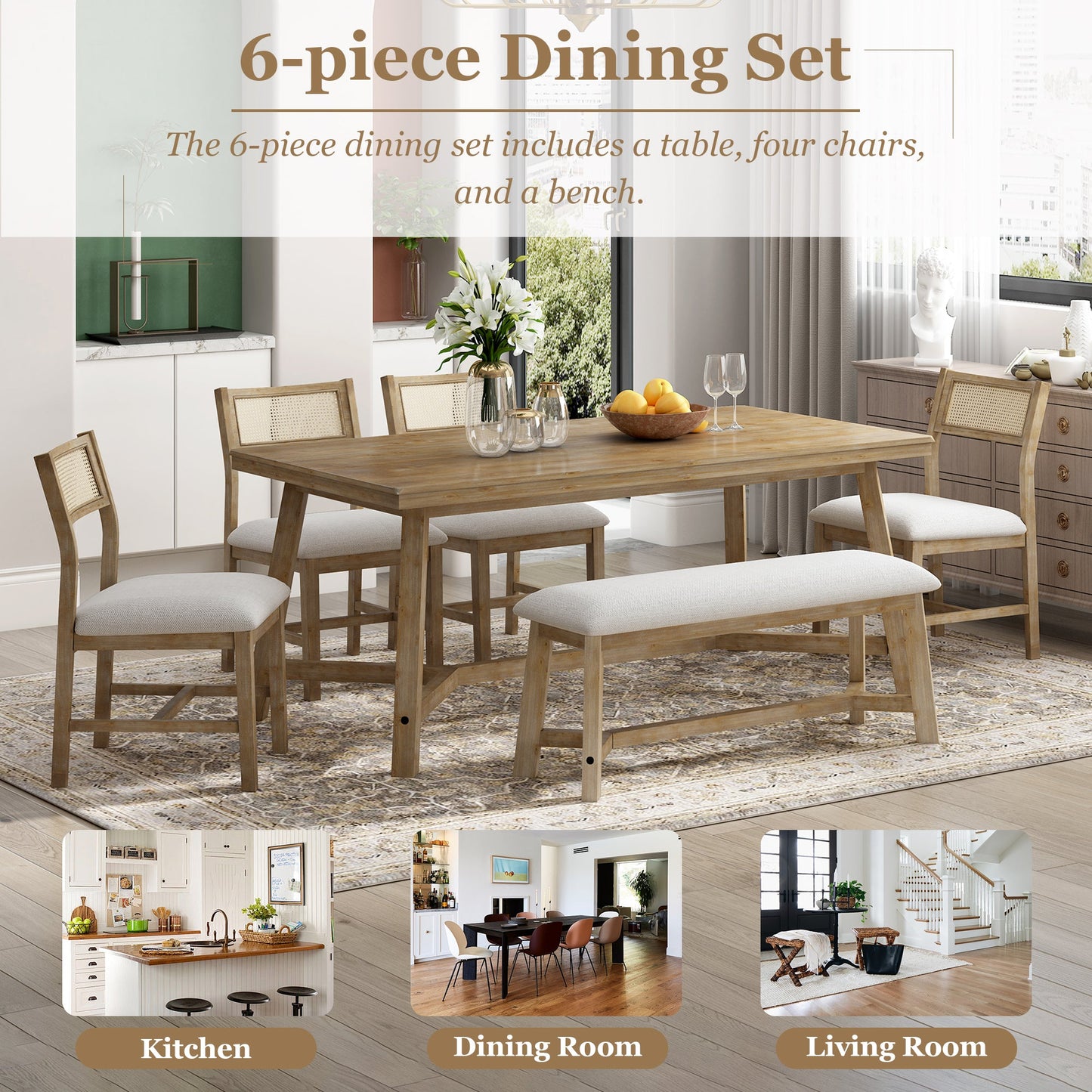 6-Piece Dining Set with Rectangular Table and 4 Upholstered Chairs