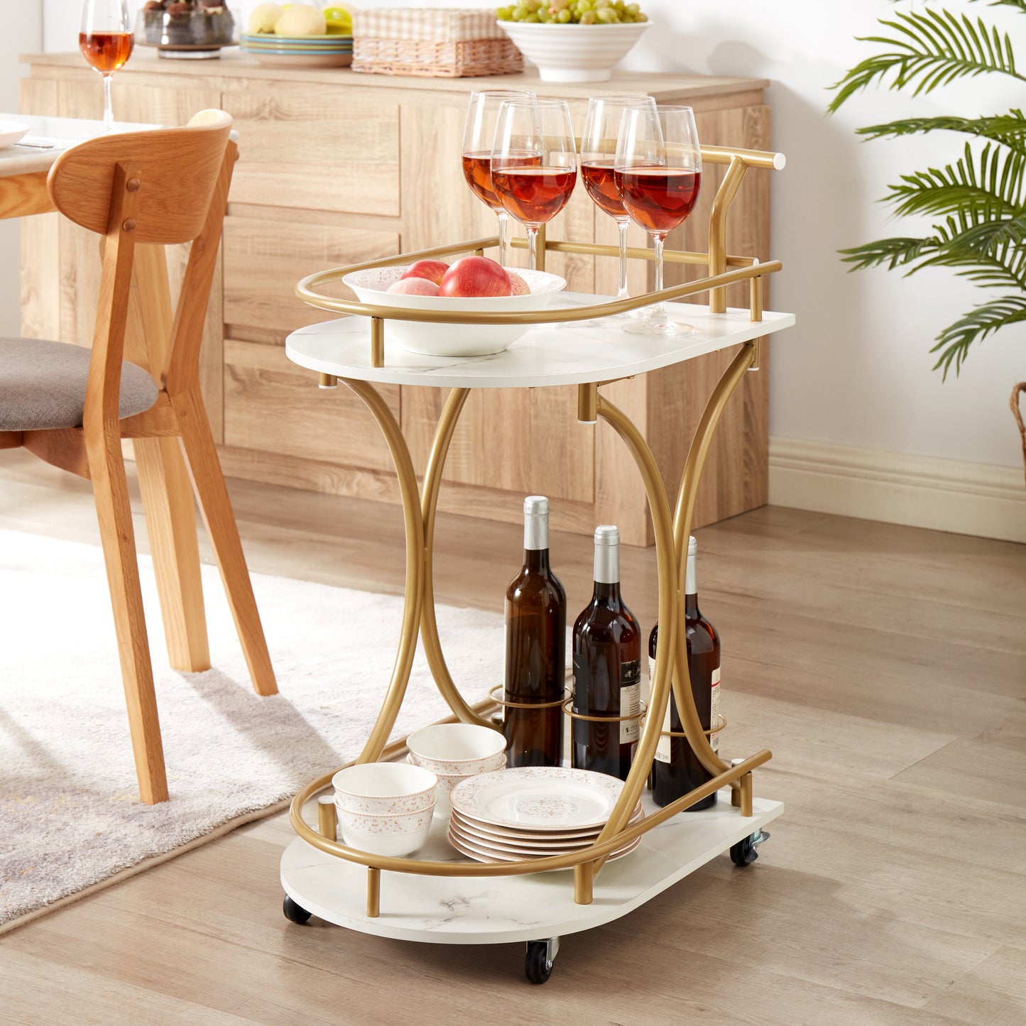 2-Tier Bar Cart with Curved Handles, Wheels and Wine Rack
