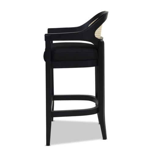 Pyrla 26" Upholstered Counter Stool with Curved Cane Back and Wood Legs
