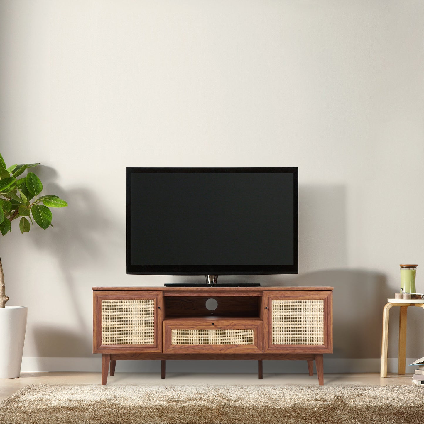 Caned TV Stand, Drawer, Storage Doors Fits TVs up to 65", Cable Management