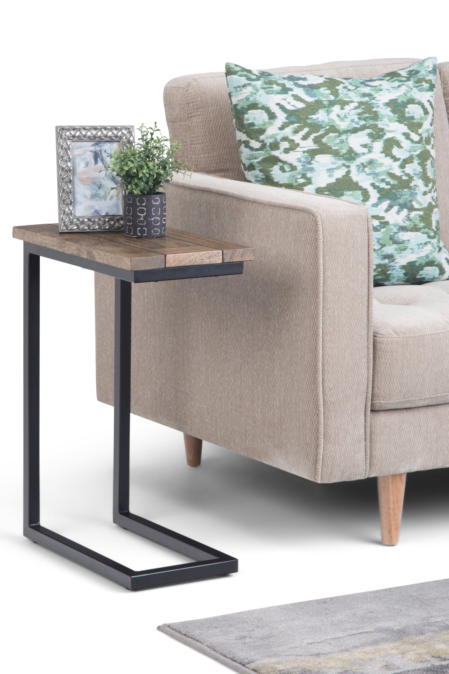 Haloed Side Table with C-Shaped Design and Metal Frame
