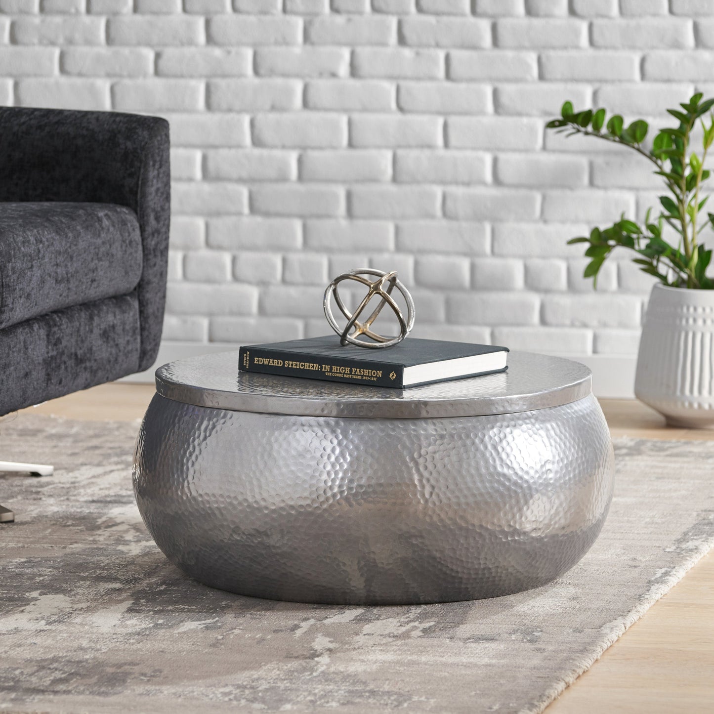 Aluminum Drum Coffee Table with Hammered Metal Pattern