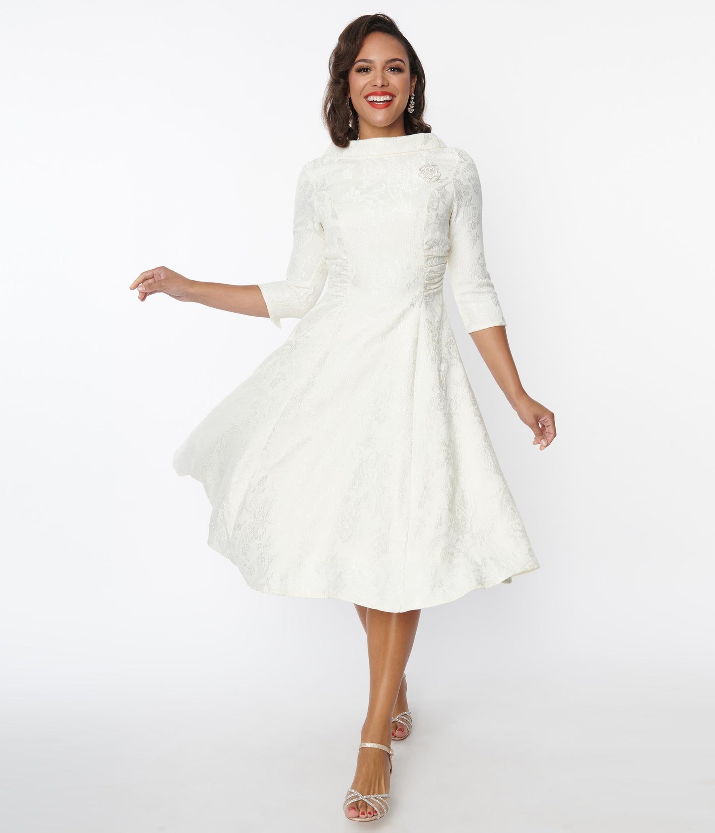 Unique Vintage Ivory Brocade Bridal Swing Dress