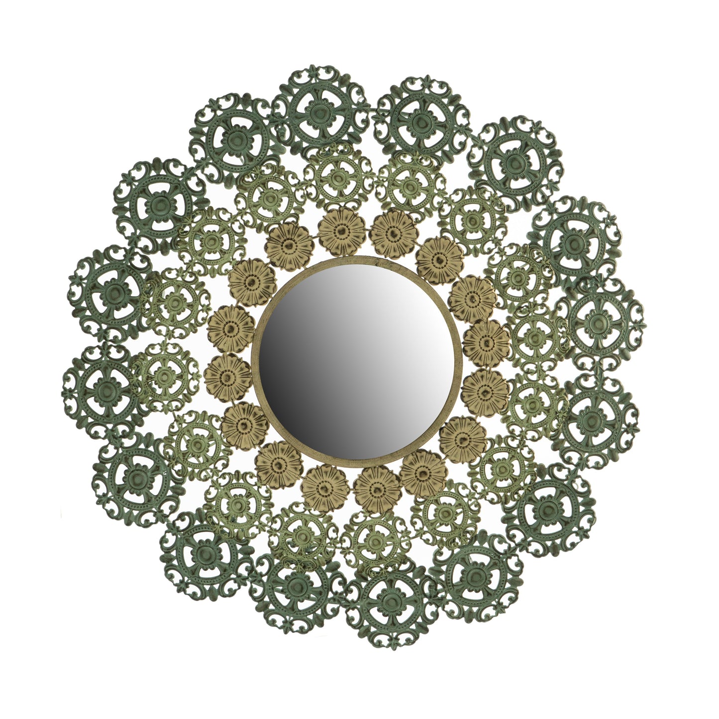 Round Wall Mirror with Floral Accents and Iron Scrollwork