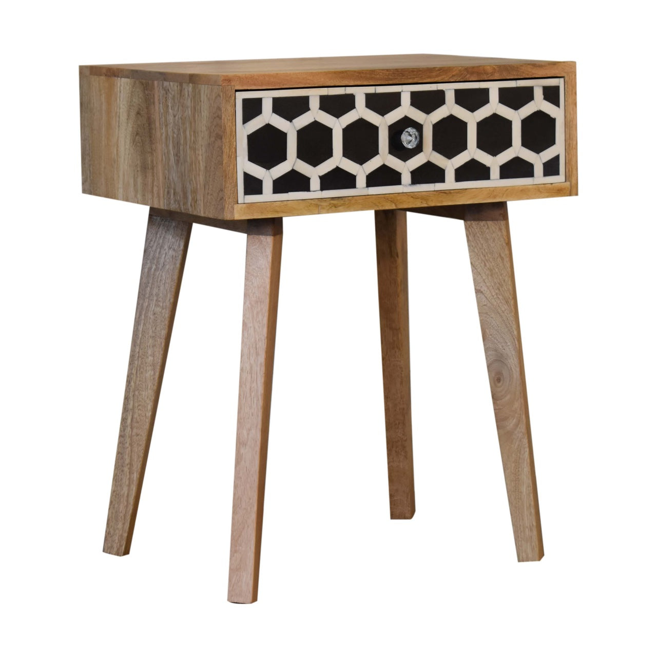 Arcanist Bone Inlay Bedside with Drawer and Tapered Wood Legs