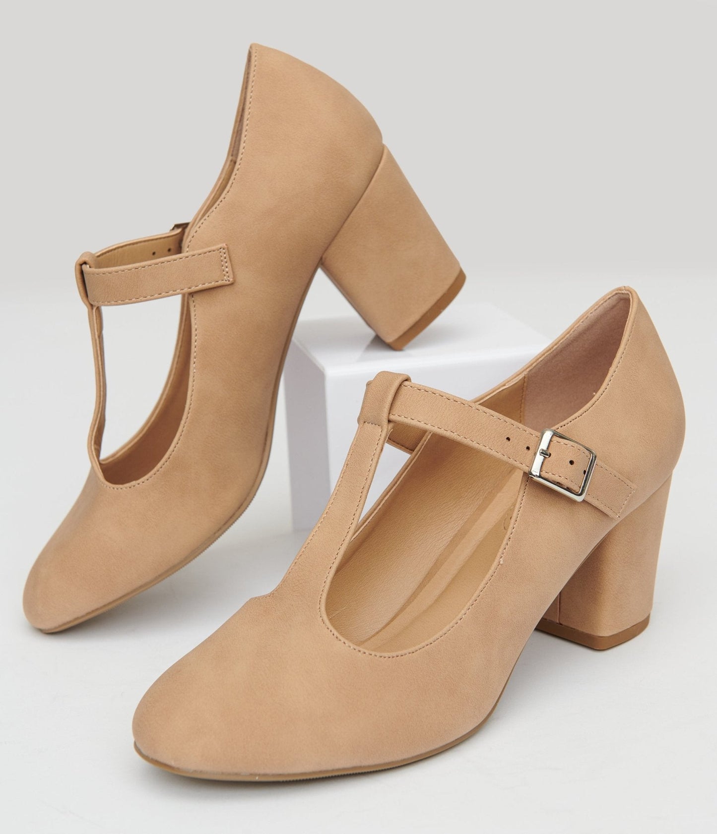 1920s Nude Suede T-Strap Mary Jane Heels