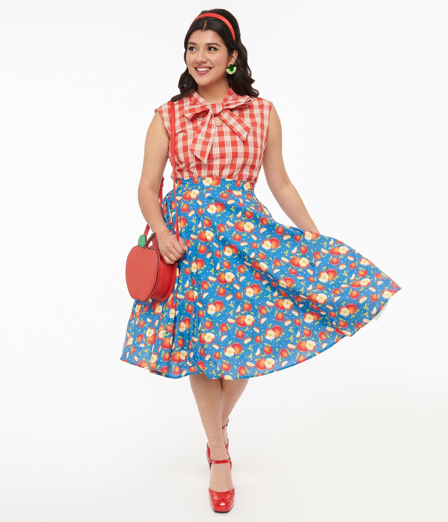 1950s Blue & Red Apple Print Swing Skirt