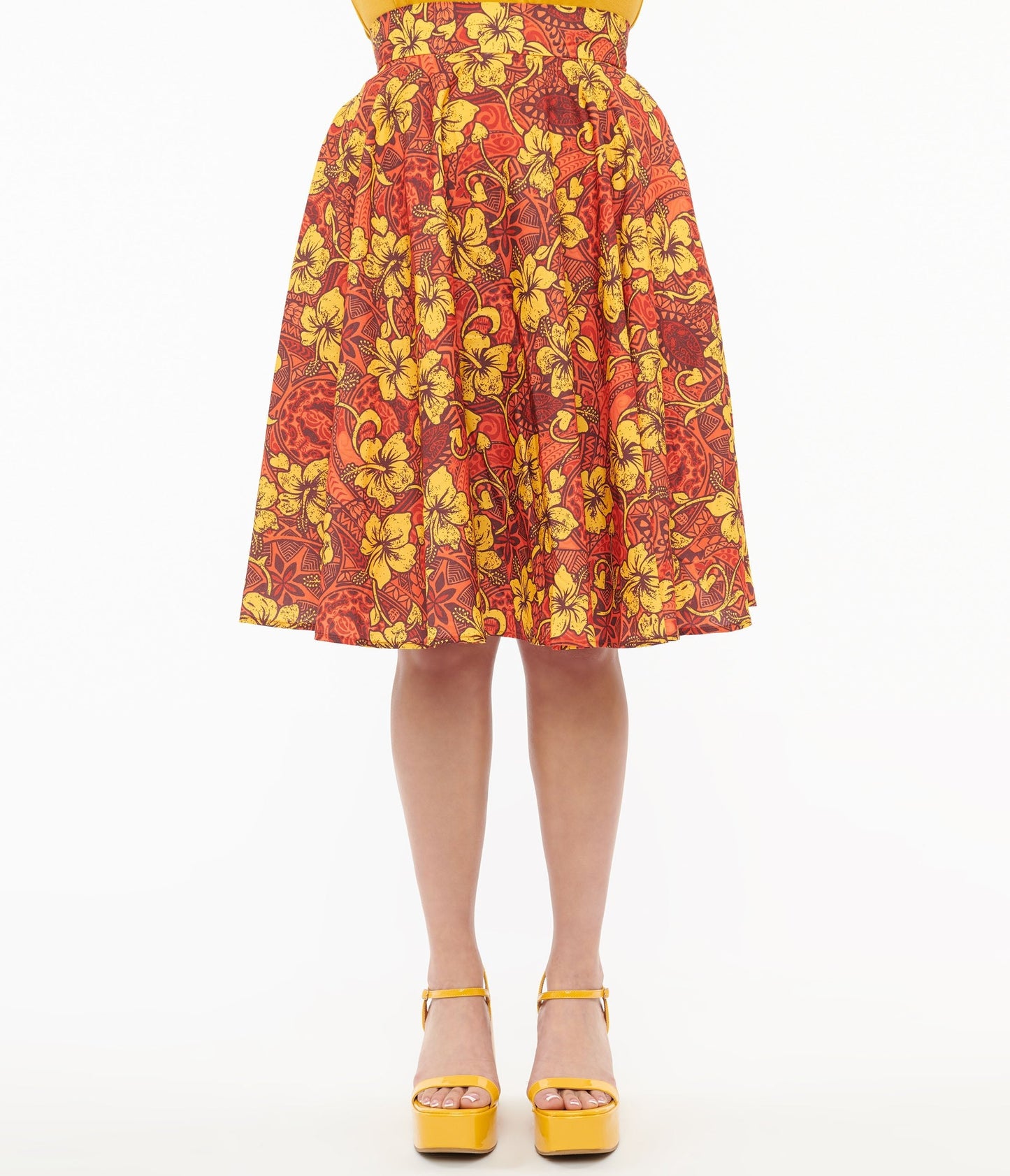 1950s Orange & Yellow Tropical Floral Mimosa Swing Skirt