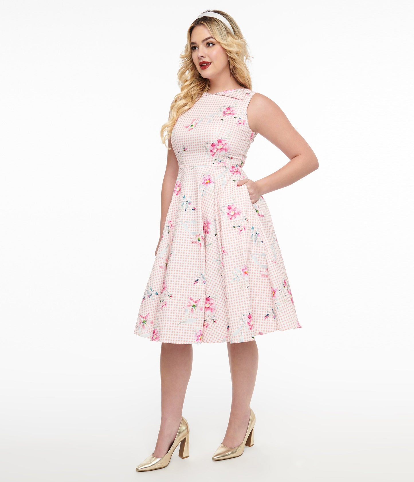 1950s Pink Gingham & Floral Cotton Swing Dress