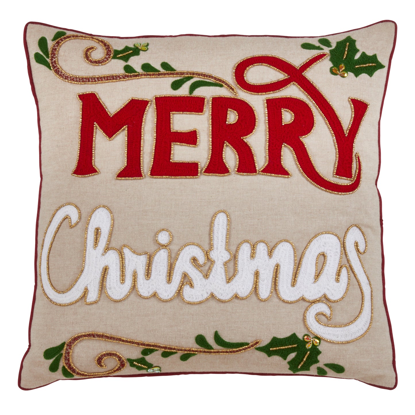 Beaded Merry Christmas Pillow, Down Filled