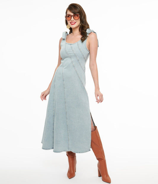 1970s Light Blue Denim Midi Dress