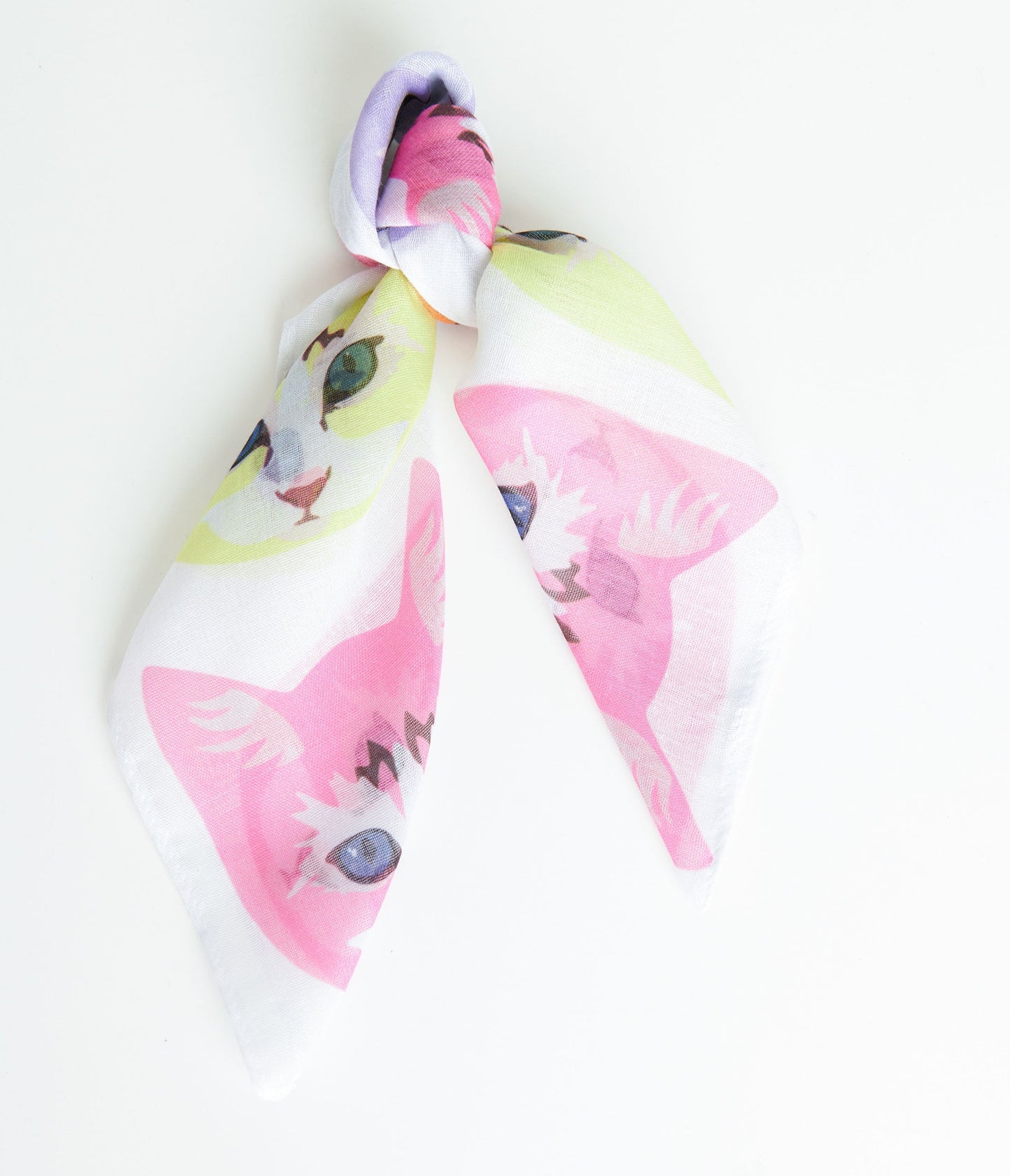 1970s White Cool Cat Print Hair Scarf