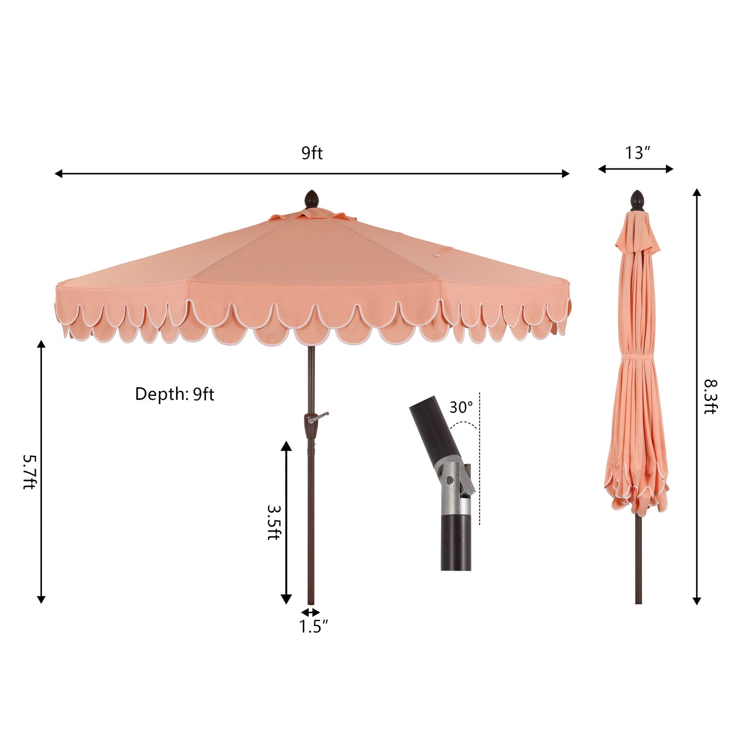 Tracy Classic MidCentury Scalloped Fringe Market Patio Umbrella with Auto-Tilt