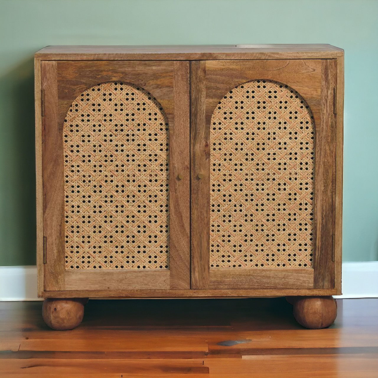Cabinet with 2 Arch Woven Front Doors and Ball Feet