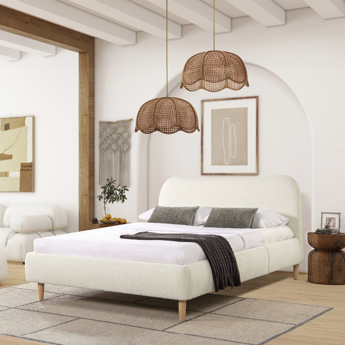 Enchantr Upholstered Platform Bed with Curved Headboard and Wood Frame