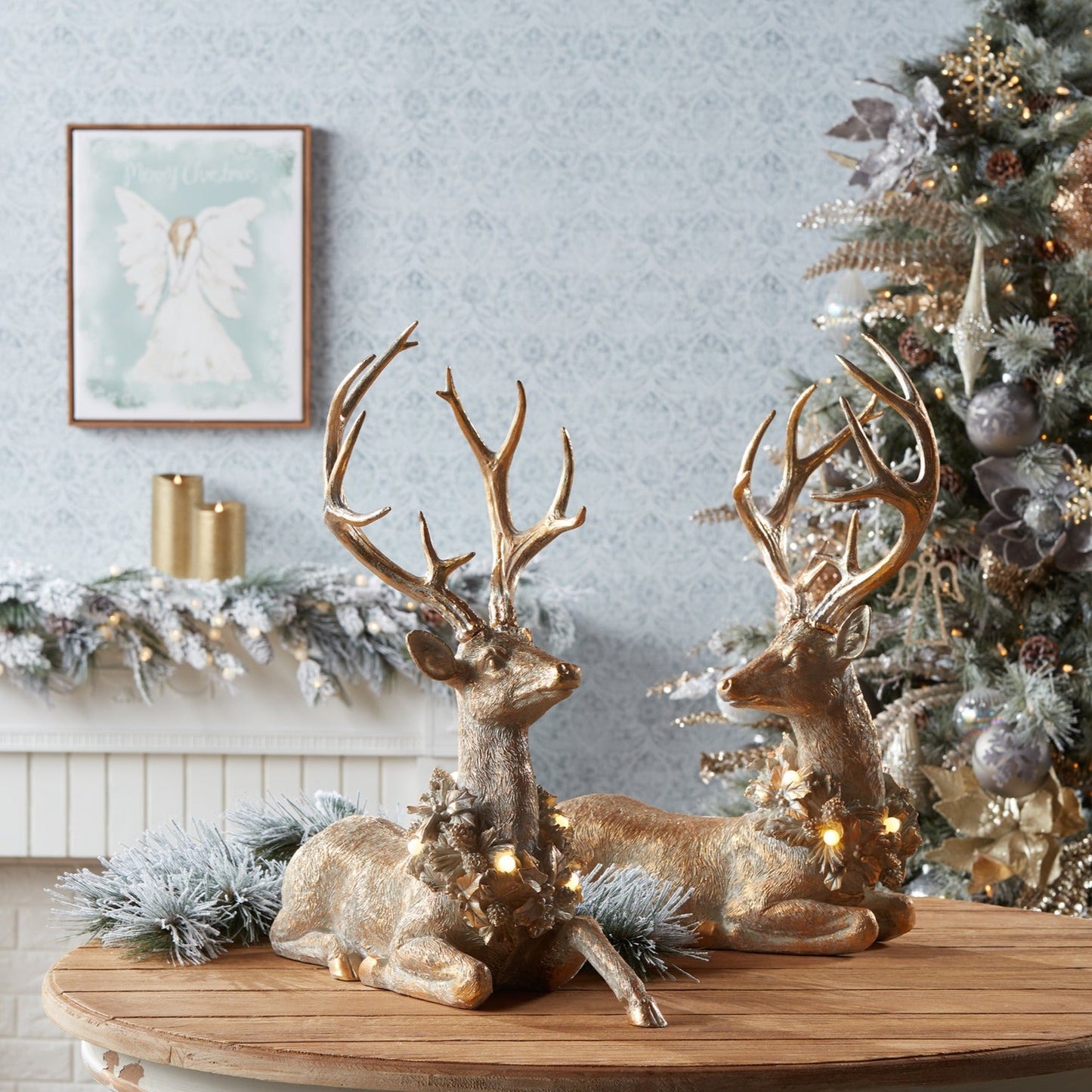 Holiday Deer Figurine with Lighted Wreath and Gold Finish, Set of 2