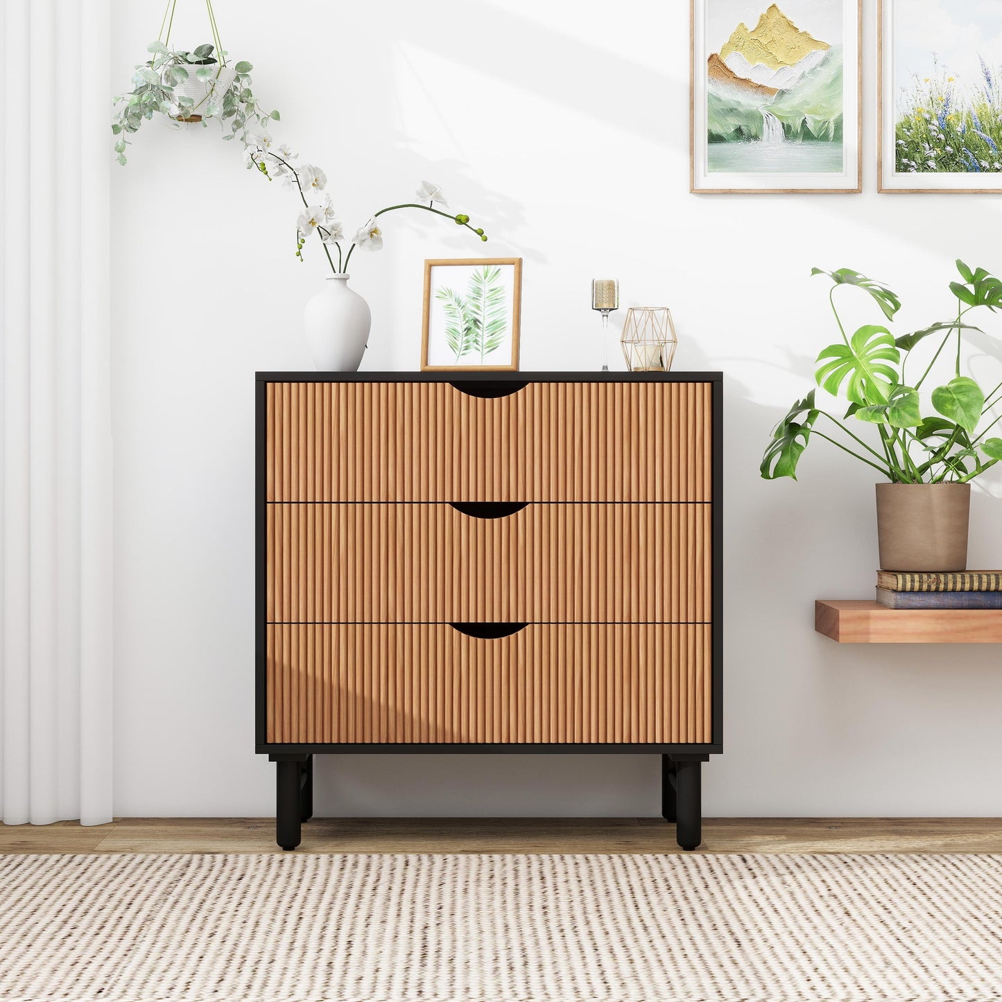 Particle Board Cabinet with Wave Pattern and 3 Drawers