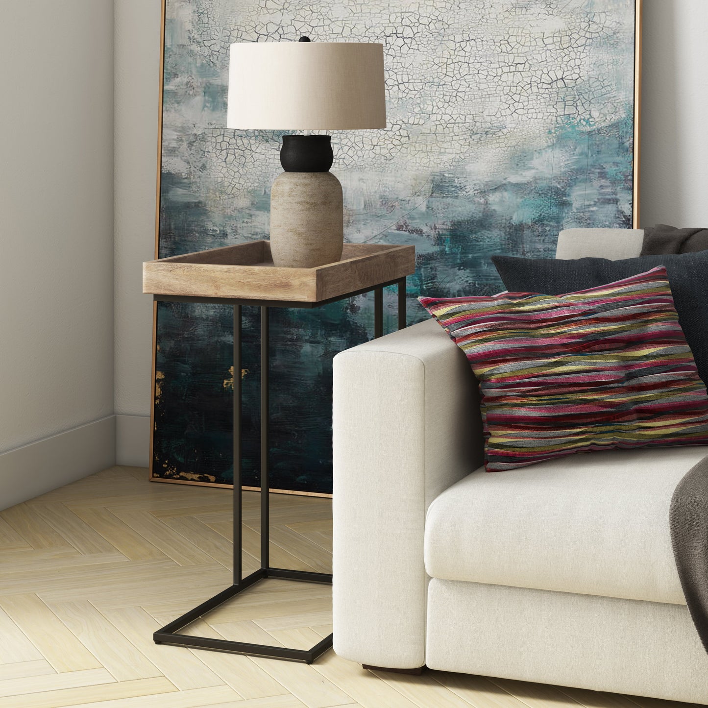 C-Shaped Side Table with Tray Top and Metal Frame