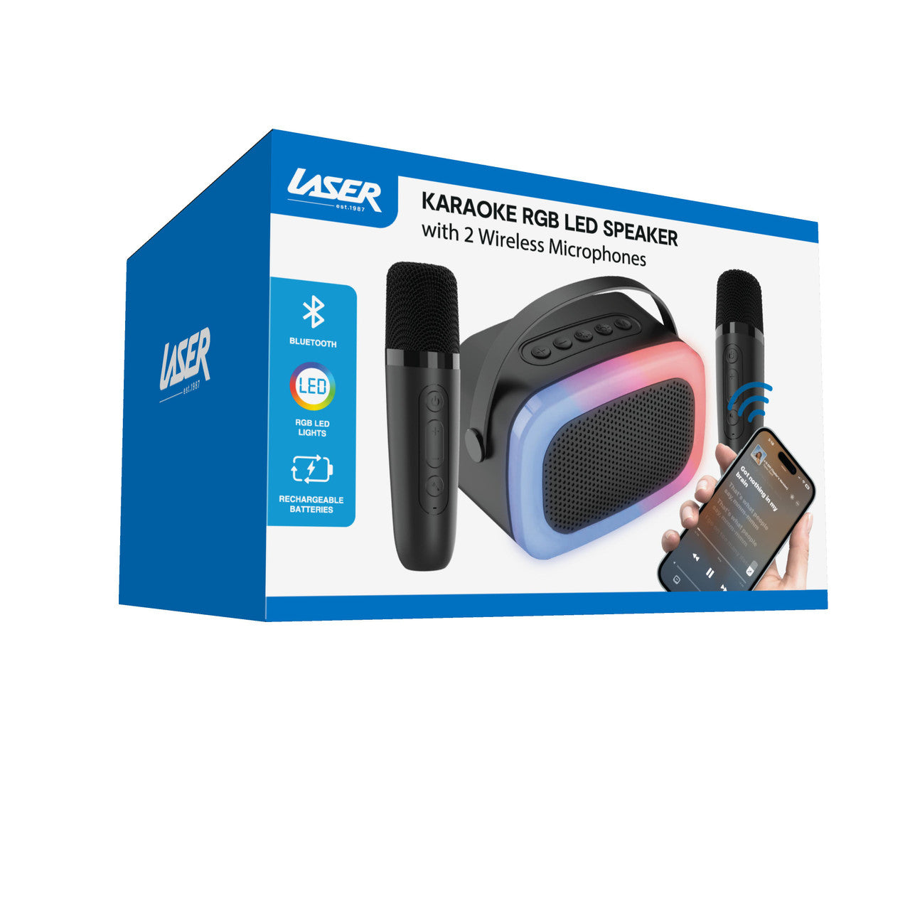 Laser Karaoke Speaker - Bluetooth, RGB Lights, 2 Wireless Mics (Black)