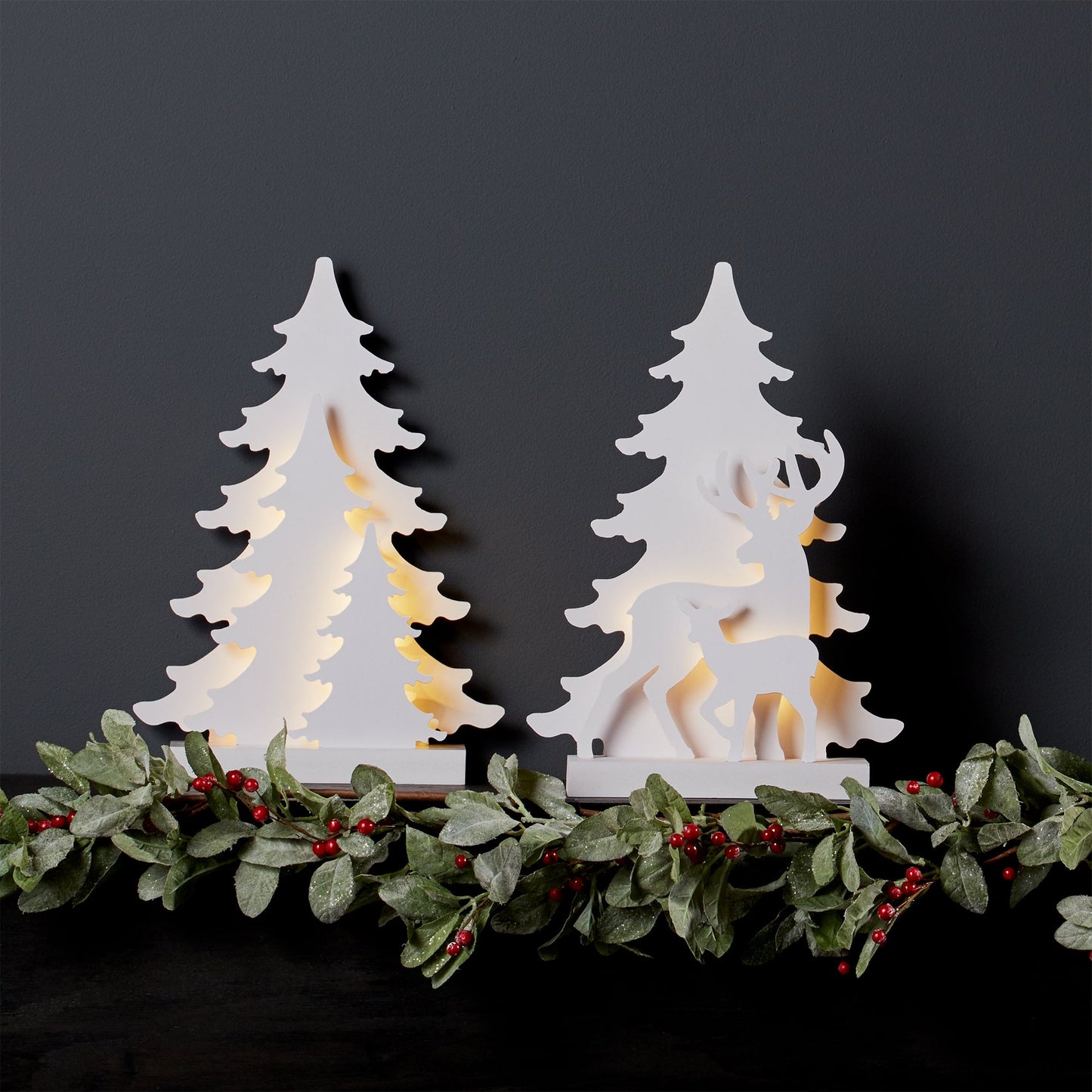 LED Lighted Tabletop Pine Tree Display with Deer Accent, Set of 2