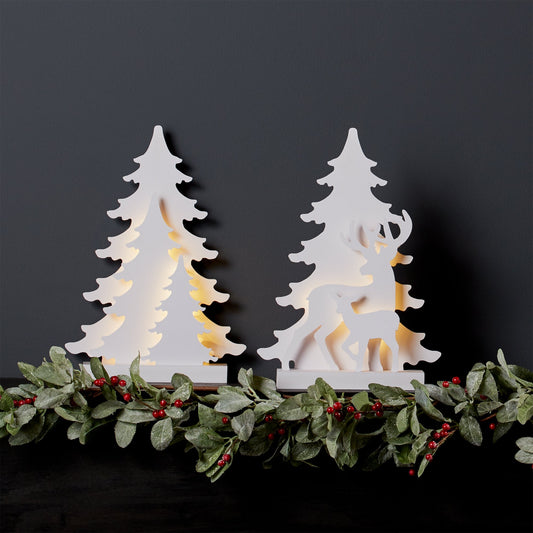 LED Lighted Tabletop Pine Tree Display with Deer Accent, Set of 2