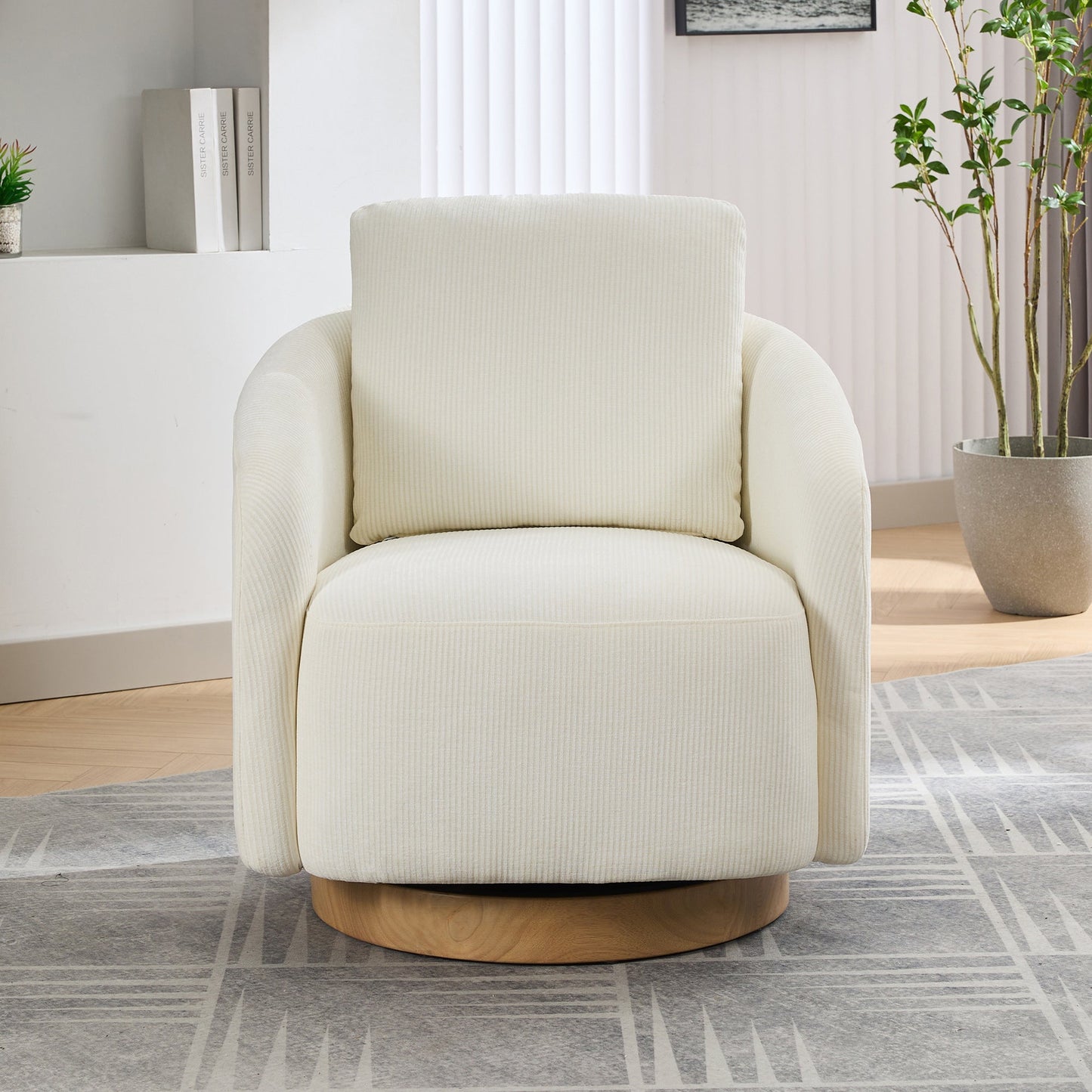 Actuator Upholstered Barrel Chair with 360-Degree Swivel Base and Curved Arms