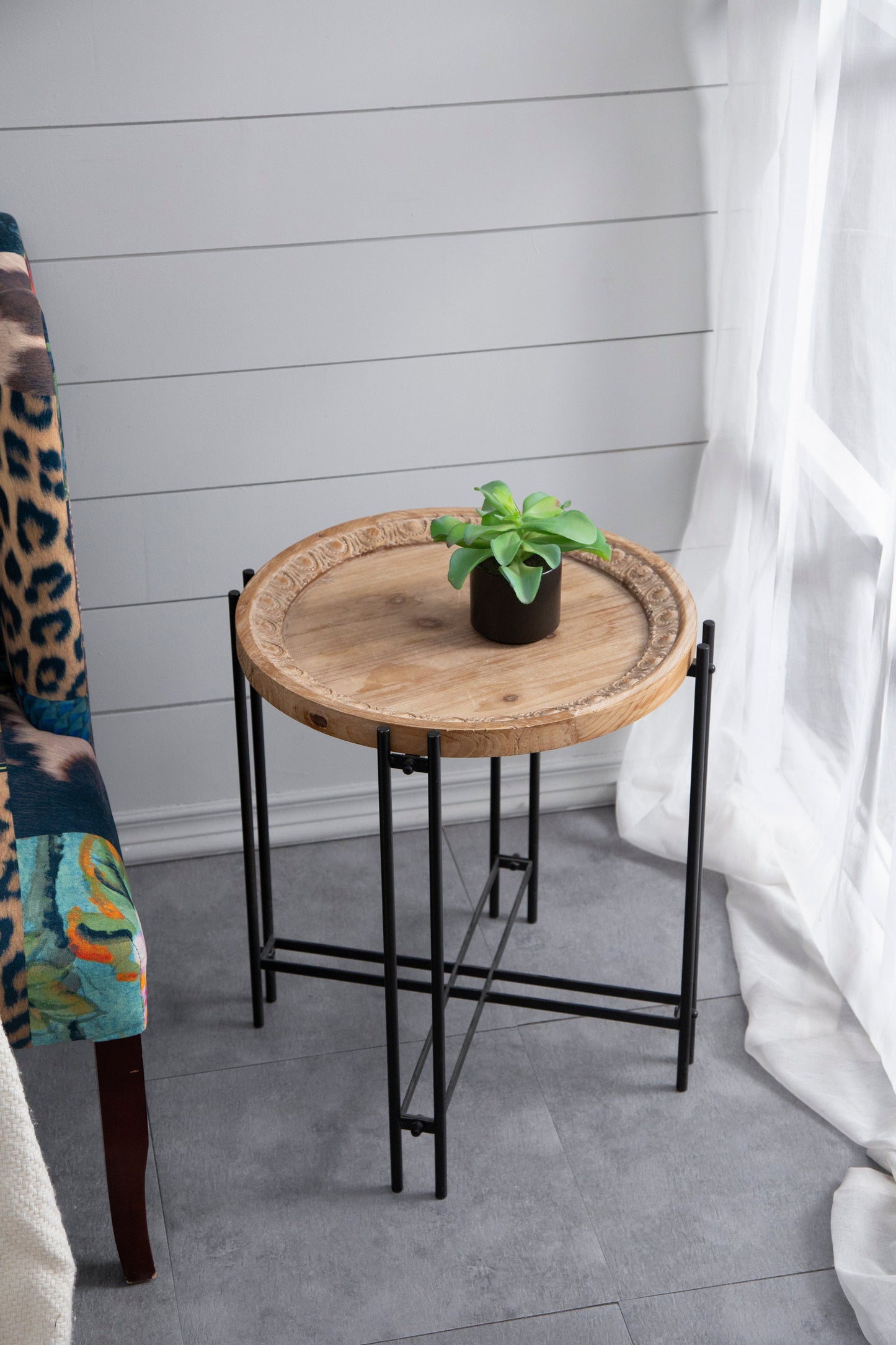 Side Table with Wooden Top and Metal Legs