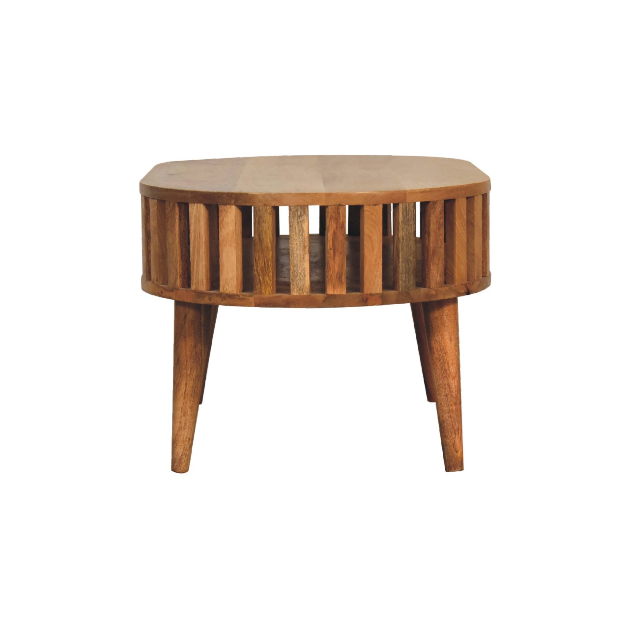 Alliance Oval Coffee Table with Open Shelf and Vertical Slats Side