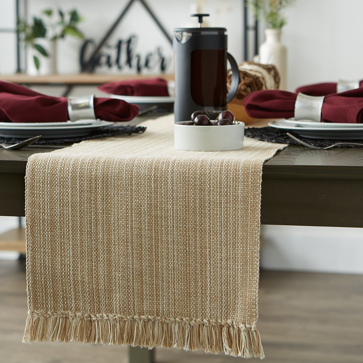 Taupe Variegated Fringe Table Runner 13X108