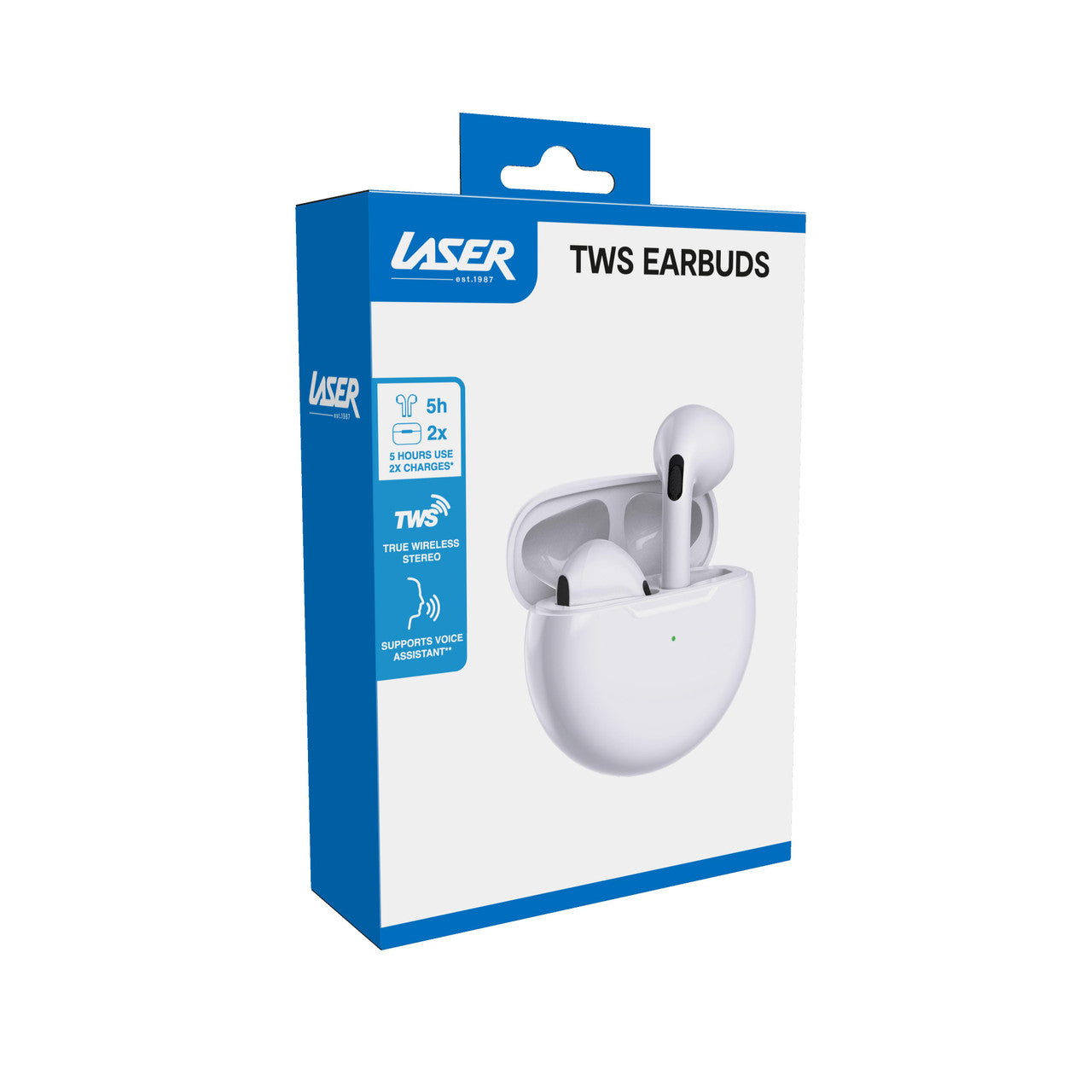 Laser TWS Earbuds with Voice Assistant and Charging Case (White)