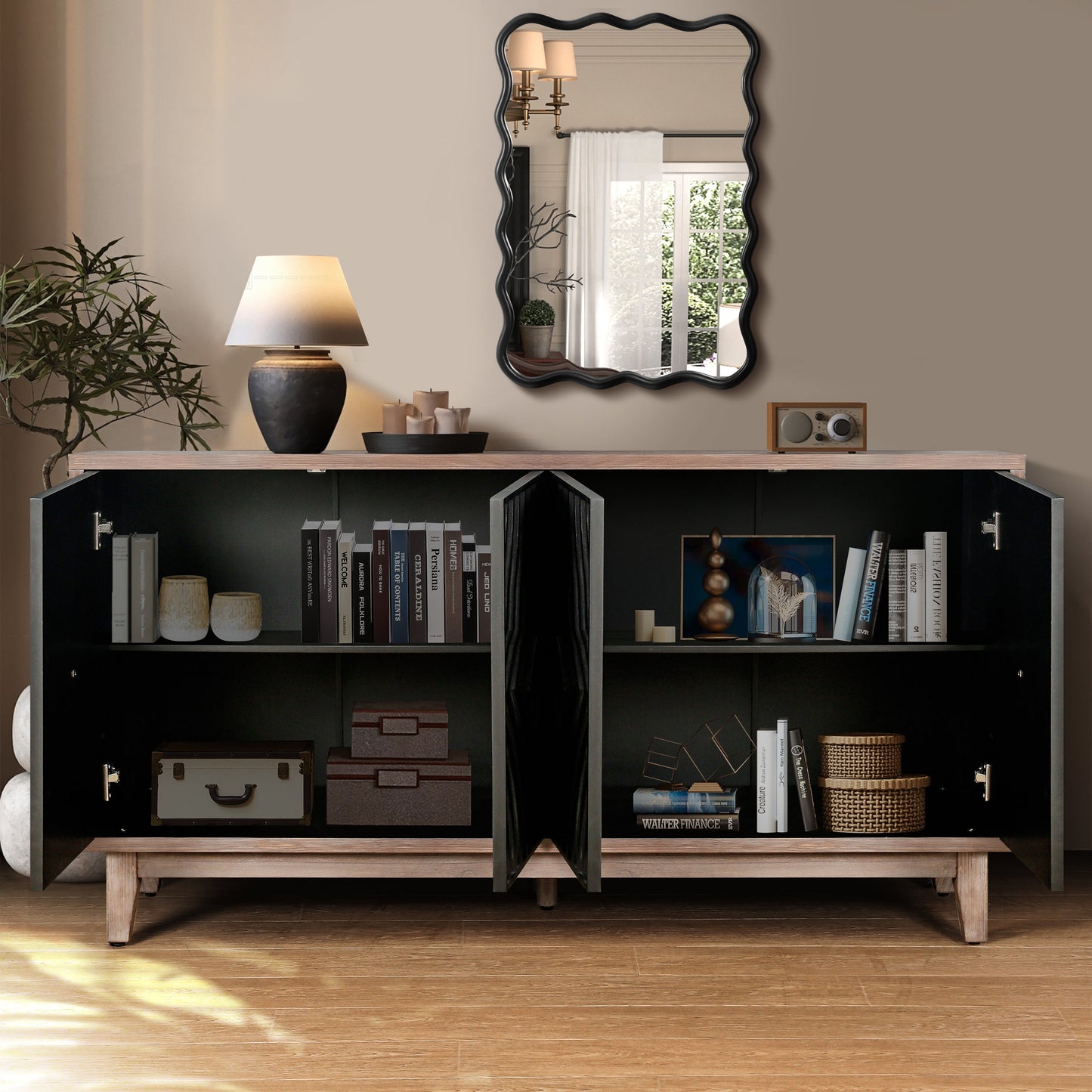 Storage Cabinet with 4 Convex Pattern Diamond Doors and Shelves