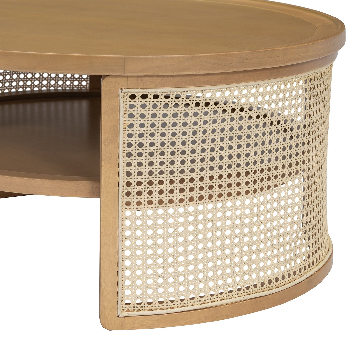Wintered 2-Tiered Coffee Table with Rattan Base and Curved Edge Design