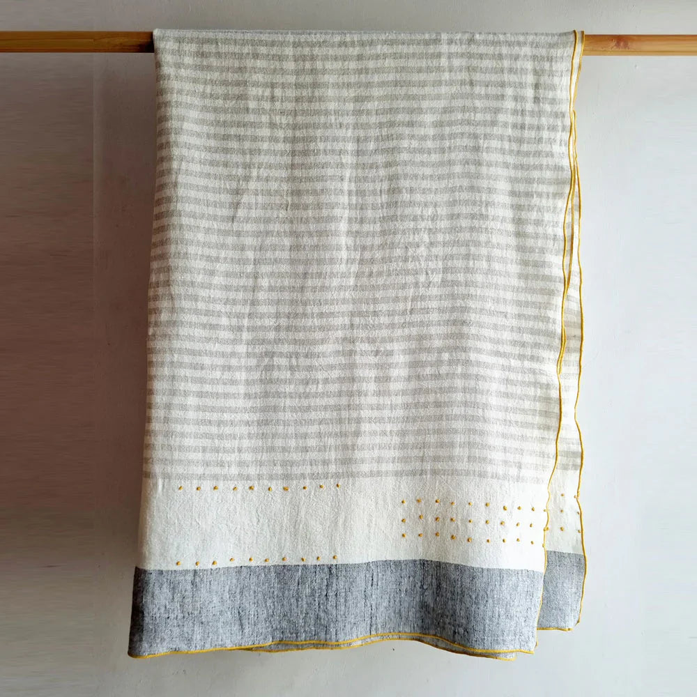 100% Linen Grey & Ivory Stripe Throw Blanket