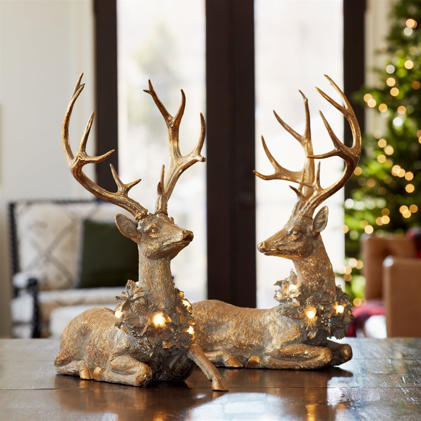 Holiday Deer Figurine with Lighted Wreath and Gold Finish, Set of 2