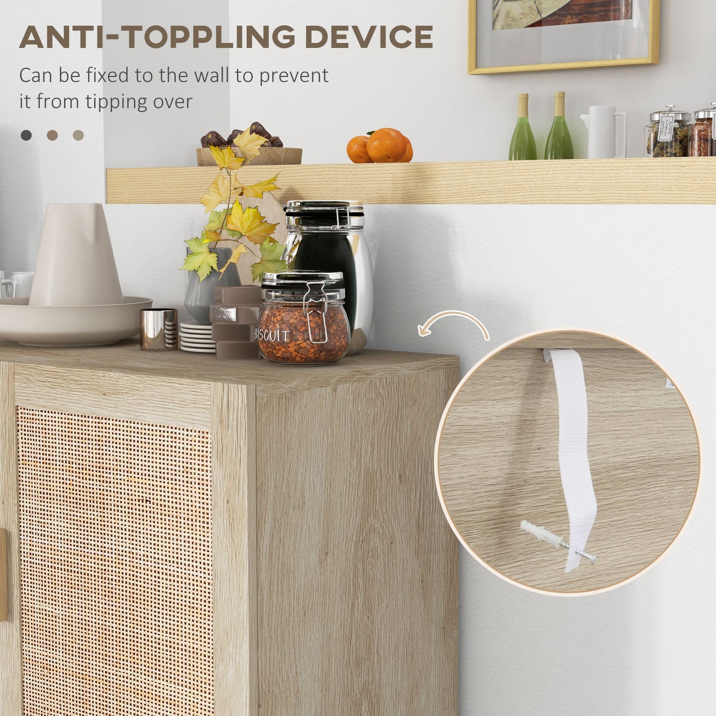 Particle Board Cabinet with 3 Rattan Doors and Adjustable Shelves