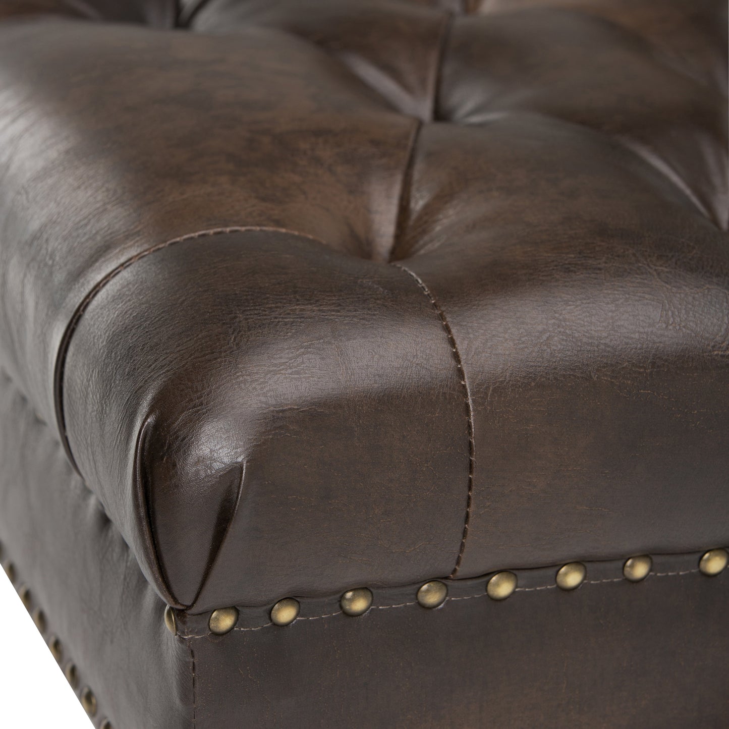Fortune Upholstered Ottoman Bench with Tufted Top, Nailhead Trim and Carved Legs