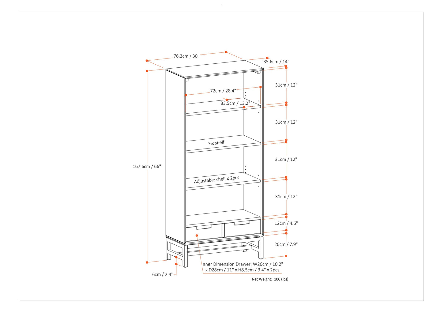 Infinite Bookcase with Adjustable Shelves and 2 Small Drawers