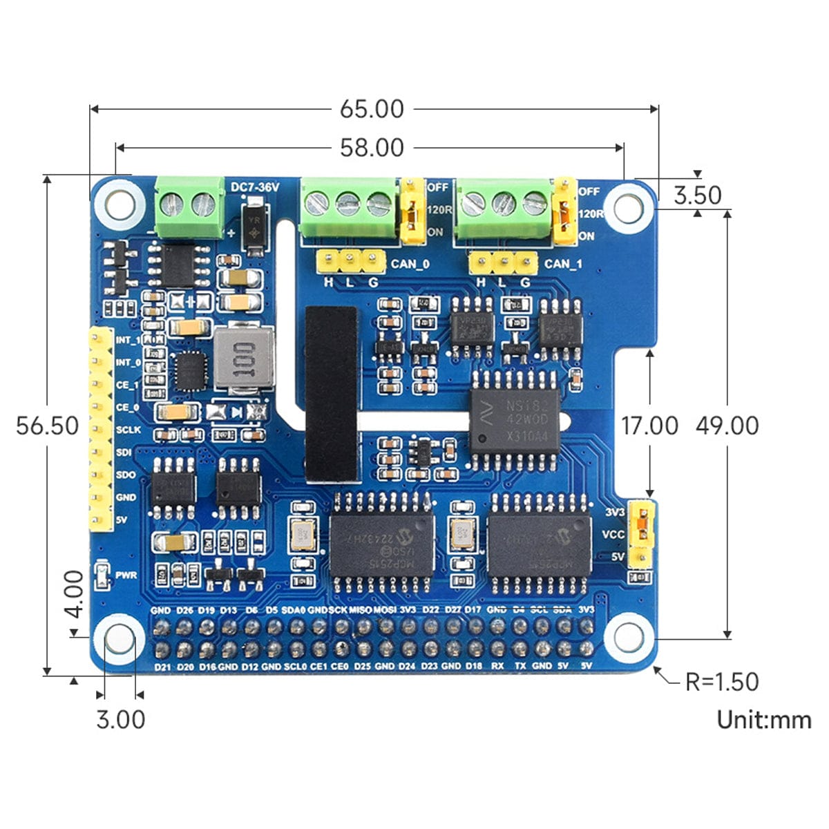 2-Channel Isolated CAN Bus Expansion HAT For Raspberry Pi