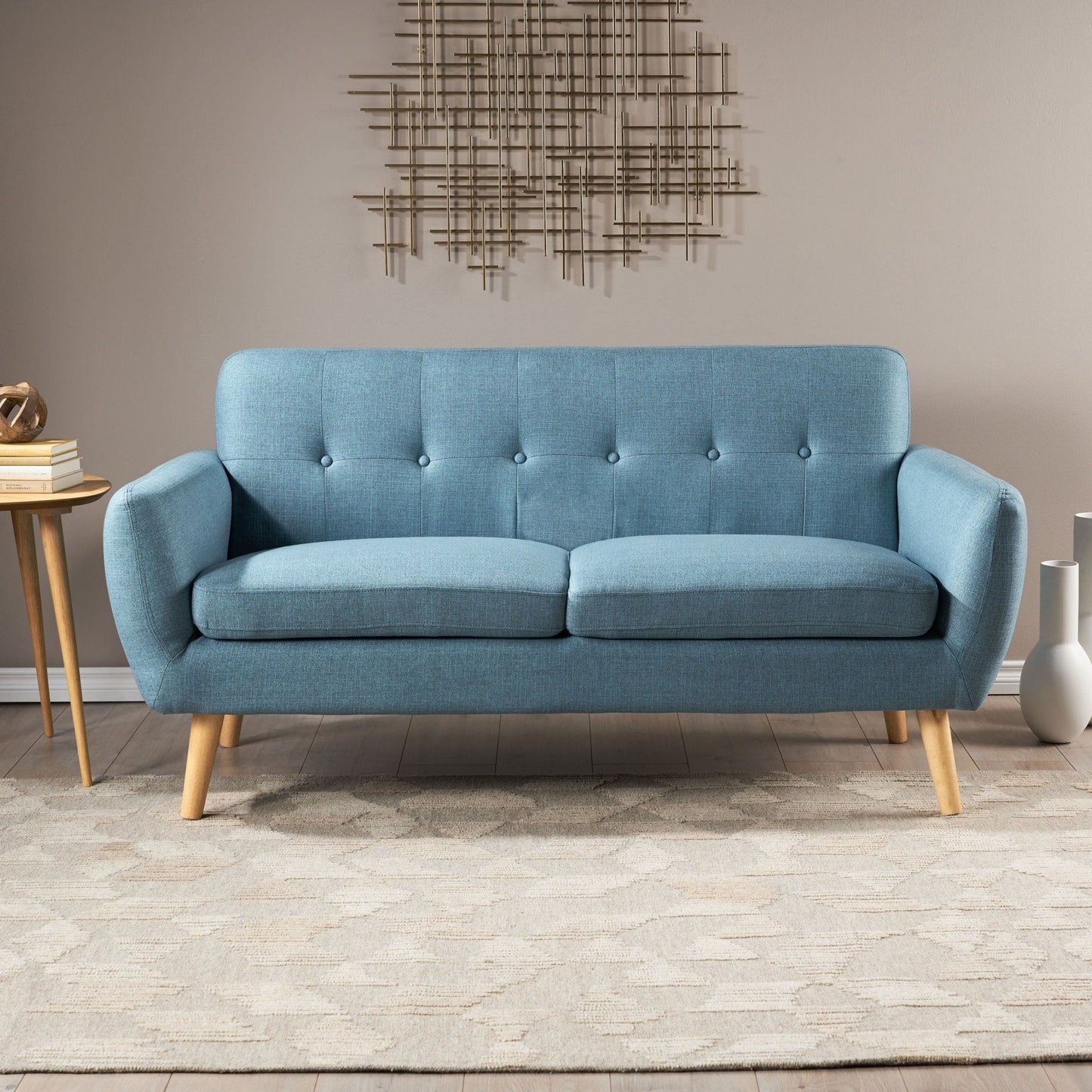 2-Seater Loveseat with Button Tufted Back and Solid Wood Legs