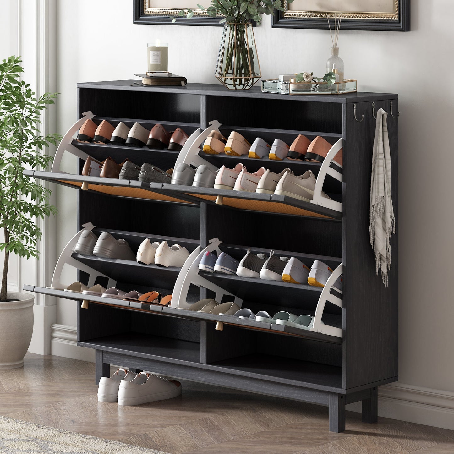 Rattan Boho Style Black 2-Tier Free Standing Shoe Cabinet with 4 Flip Drawers