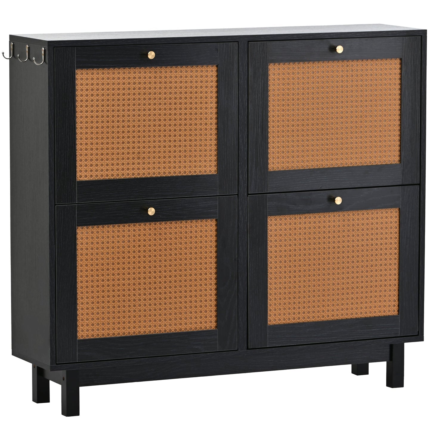 Rattan Boho Style Black 2-Tier Free Standing Shoe Cabinet with 4 Flip Drawers