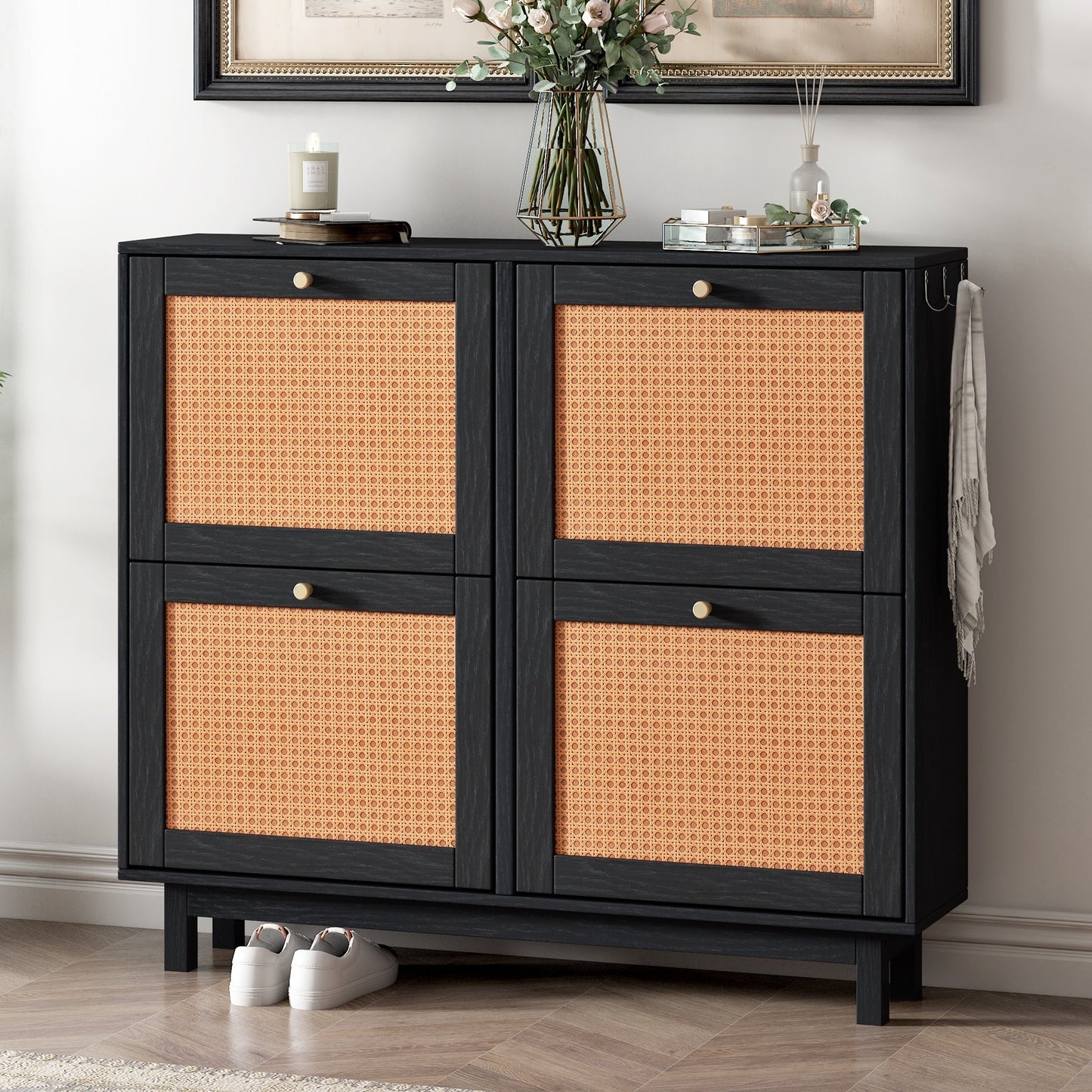 Rattan Boho Style Black 2-Tier Free Standing Shoe Cabinet with 4 Flip Drawers