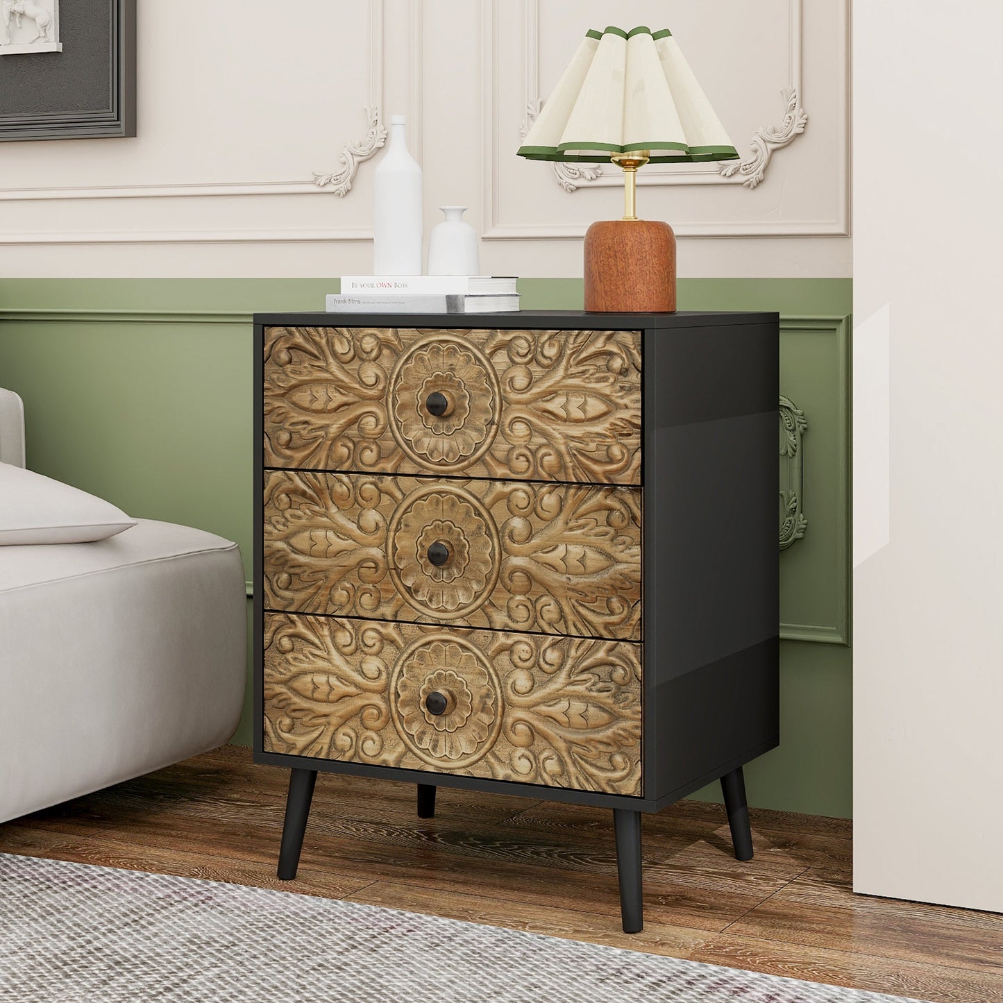 Cabinet with 3 Drawers and Hand-Carved Design