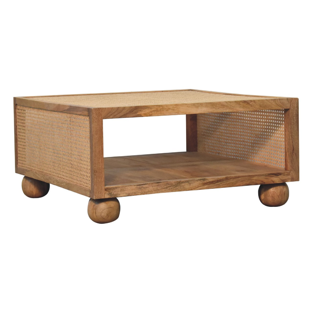 Decipher Wood and Rattan Large Coffee Table with Ball-Shaped Legs