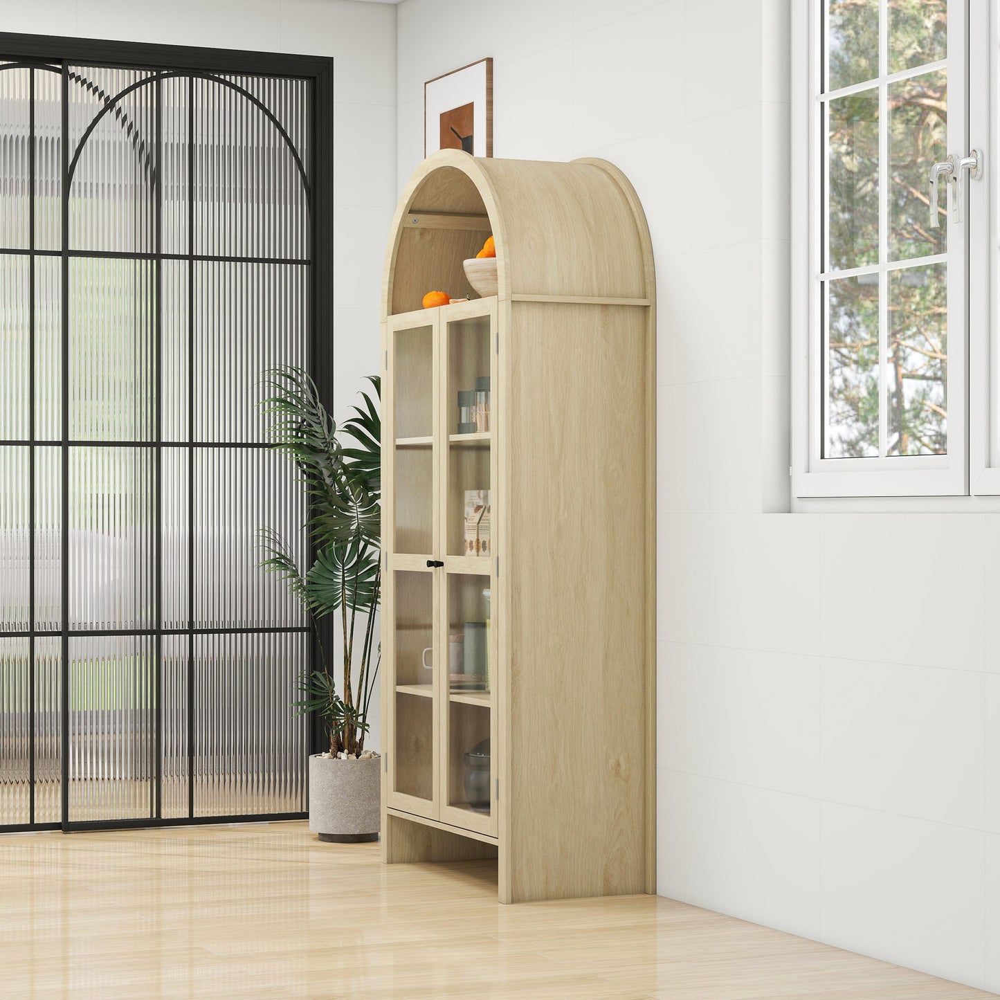Tall Arched Display Cabinet with 2 Glass Doors and Adjustable Shelves