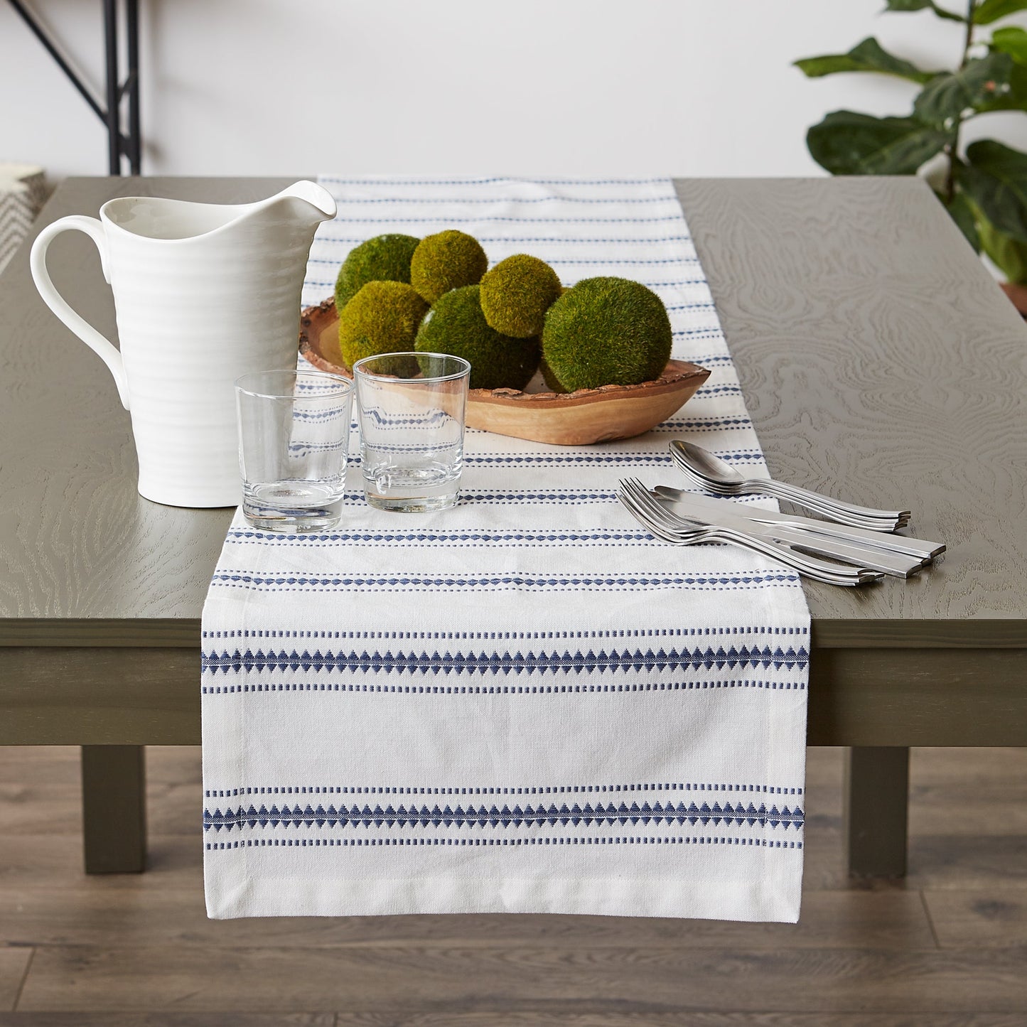 French Blue Zig Dobby Stripe Table Runner 14X108